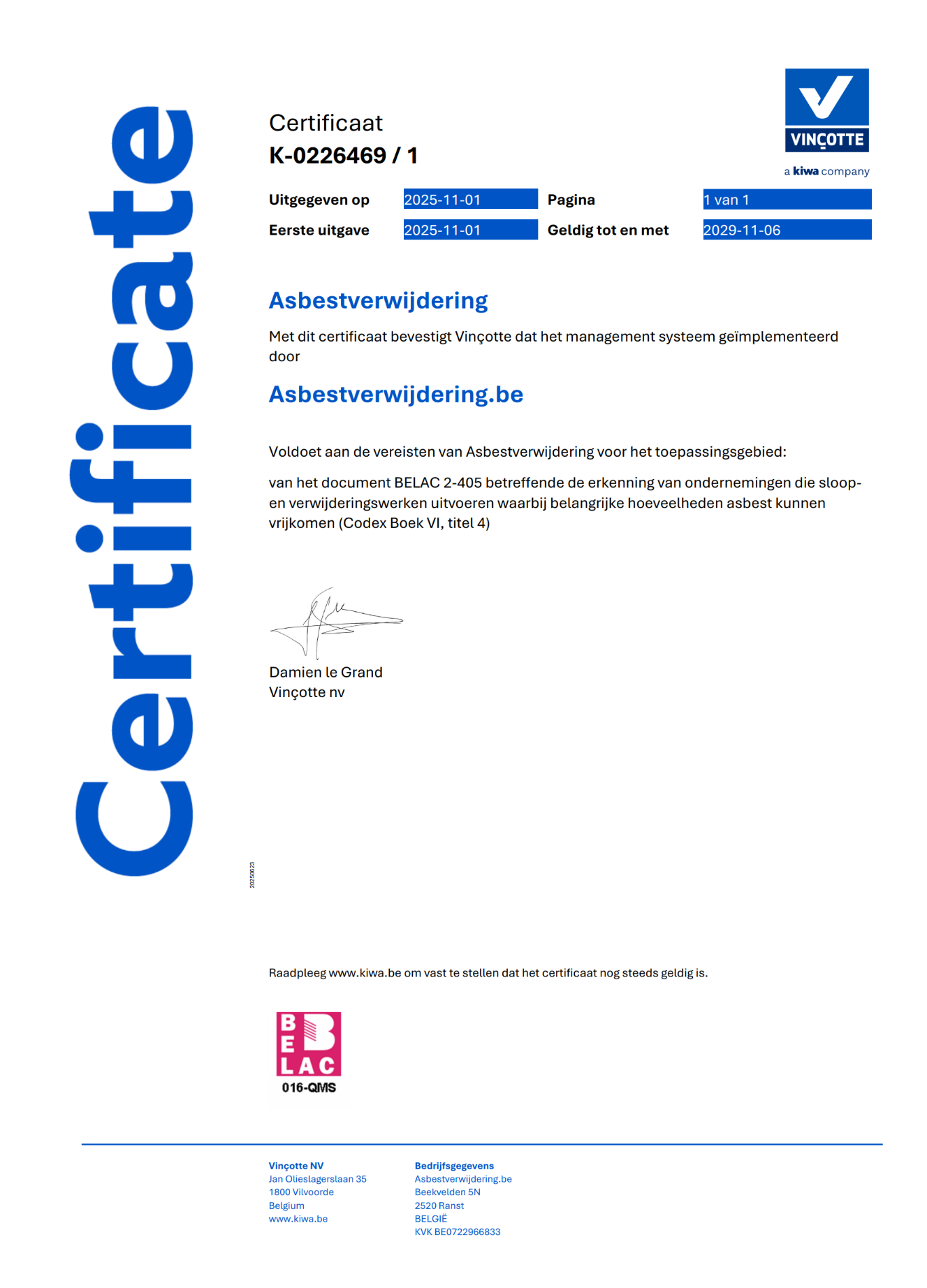 Bedrijfscertificaat asbestverwijdering van Asbestverwijdering.be