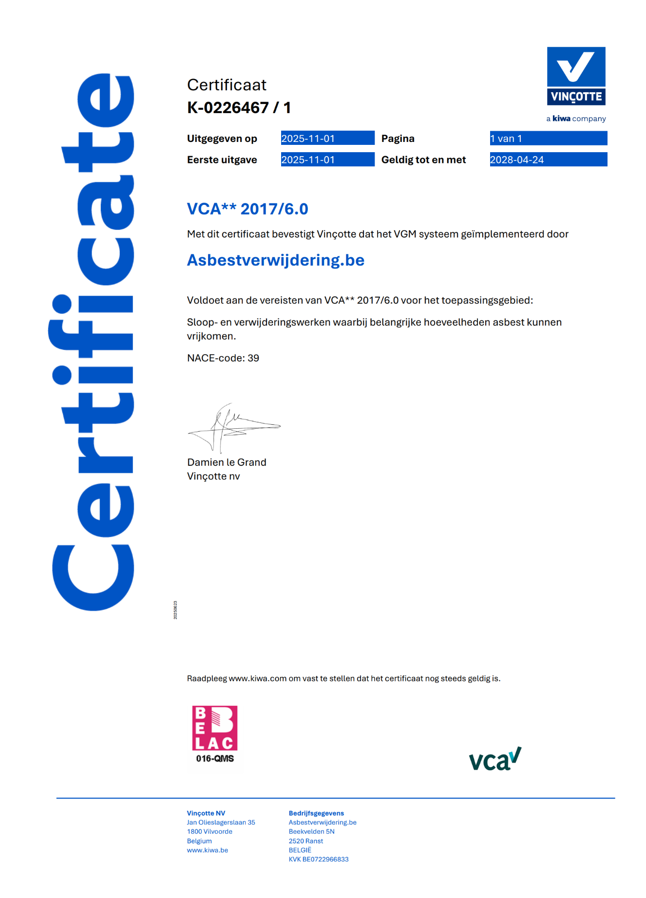 VCA** certificaat van Asbestverwijdering.be